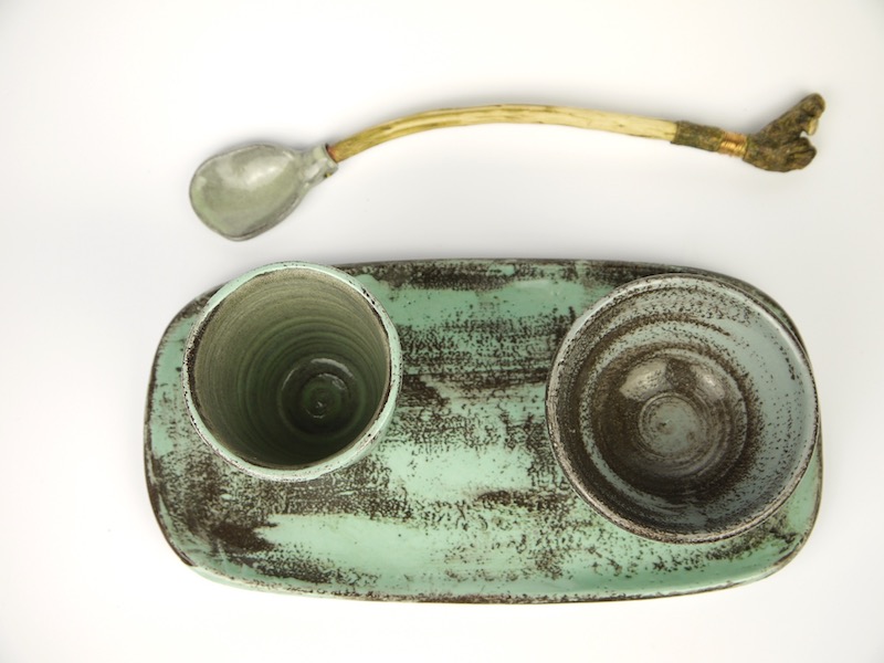 Rectangular-plate,thrown beaker and bowl, wooden+ceramic spoon,1 top view